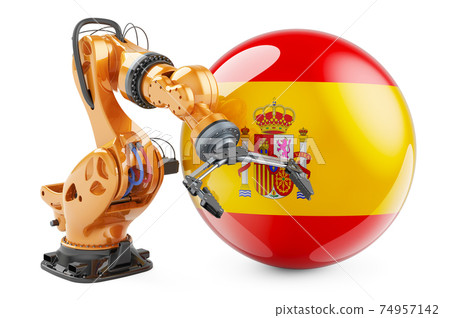 Robotic arm with Spanish flag. Modern technology, industry and production in Spain concept, 3D rendering Robotic arm with Spanish flag. Modern technology, industry and production in Spain concept, 3D rendering 74957142