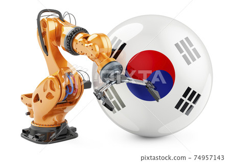 Robotic arm with South Korean flag. Modern technology, industry and production in South Korea concept, 3D rendering Robotic arm with South Korean flag. Modern technology, industry and production in South Korea concept, 3D rendering 74957143
