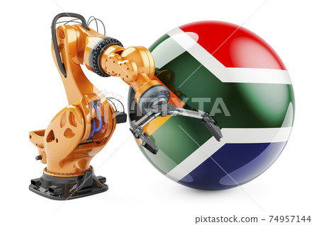 Robotic arm with South African flag. Modern technology, industry and production in South Africa concept, 3D rendering Robotic arm with South African flag. Modern technology, industry and production in South Africa concept, 3D rendering 74957144