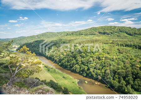 Canyon of river Berounka, view from a hill Certova skala in a Hracholusky village Czech Republic. 74958020