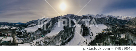 The magnificent Happoone ski resort, Hakuba Sanzan and the setting sun (180 degree panorama) Hakuba Village, Nagano Prefecture (aerial view by drone) The magnificent Happoone ski resort, Hakuba Sanzan and the setting sun (180 degree panorama) Hakuba Village, Nagano Prefecture (aerial view by drone) 74959043