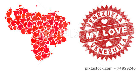 My Love Grunge Stamp and Venezuela Map Lovely Heart Mosaic 74959246