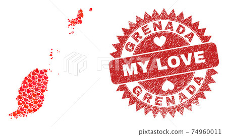 My Love Grunge Badge and Grenada Map Lovely Heart Mosaic 74960011