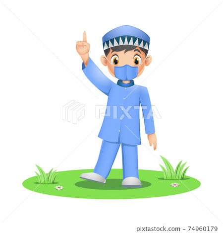 Cute Muslim boy wearing face mask on grass 74960179