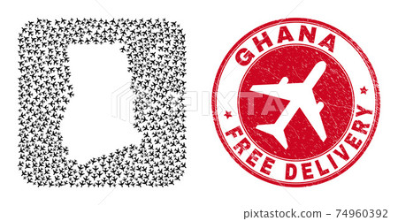 Free Delivery Grunge Seal and Ghana Map Aeroplane Subtracted Mosaic Free Delivery Grunge Seal and Ghana Map Aeroplane Subtracted Mosaic 74960392