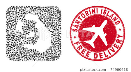 Free Delivery Scratched Stamp Seal and Santorini Island Map Jet Vehicle Stencil Mosaic 74960418