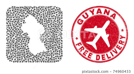 Free Delivery Scratched Stamp and Guyana Map Airliner Subtracted Mosaic 74960433