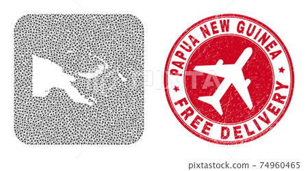 Free Delivery Grunge Badge and Papua New Guinea Map Air Plane Hole Mosaic 74960465