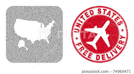 Free Delivery Scratched Stamp and USA with Alaska Map Aviation Subtracted Mosaic Free Delivery Scratched Stamp and USA with Alaska Map Aviation Subtracted Mosaic 74960471