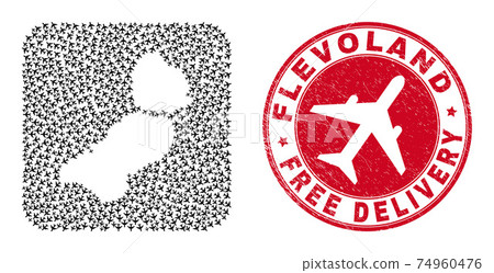 Free Delivery Scratched Seal and Flevoland Province Map Aeroplane Hole Mosaic 74960476