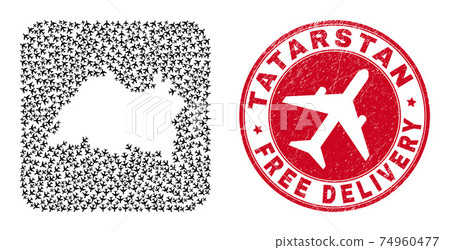 Free Delivery Scratched Stamp Seal and Tatarstan Map Aircraft Subtracted Mosaic Free Delivery Scratched Stamp Seal and Tatarstan Map Aircraft Subtracted Mosaic 74960477