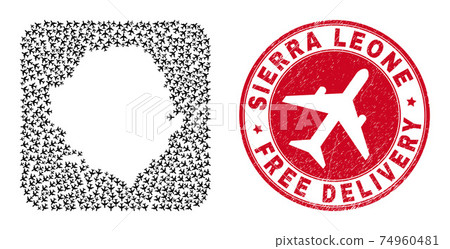 Free Delivery Scratched Badge and Sierra Leone Map Aeroplane Stencil Mosaic 74960481