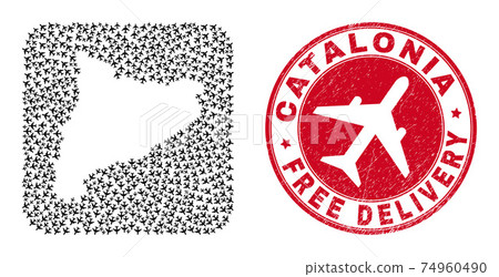 Free Delivery Watermark Stamp Seal and Catalonia Map Aeroplane Inverted Mosaic Free Delivery Watermark Stamp Seal and Catalonia Map Aeroplane Inverted Mosaic 74960490