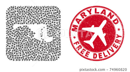 Free Delivery Scratched Stamp and Maryland State Map Jet Vehicle Subtracted Mosaic Free Delivery Scratched Stamp and Maryland State Map Jet Vehicle Subtracted Mosaic 74960820