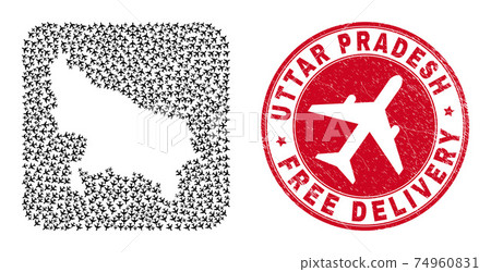 Free Delivery Grunge Stamp Seal and Uttar Pradesh State Map Air Plane Hole Mosaic Free Delivery Grunge Stamp Seal and Uttar Pradesh State Map Air Plane Hole Mosaic 74960831