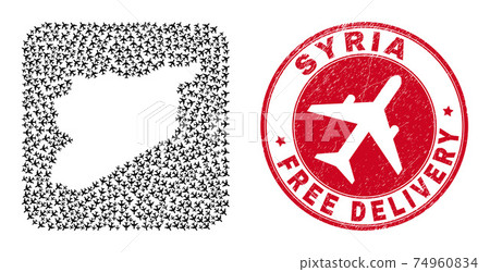 Free Delivery Scratched Seal and Syria Map Airplane Hole Mosaic Free Delivery Scratched Seal and Syria Map Airplane Hole Mosaic 74960834