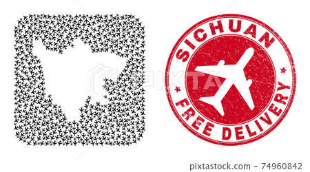 Free Delivery Watermark Badge and Sichuan Province Map Jet Vehicle Subtracted Mosaic Free Delivery Watermark Badge and Sichuan Province Map Jet Vehicle Subtracted Mosaic 74960842