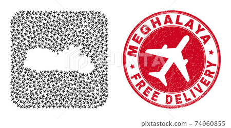 Free Delivery Rubber Stamp Seal and Meghalaya State Map Airplane Hole Mosaic 74960855