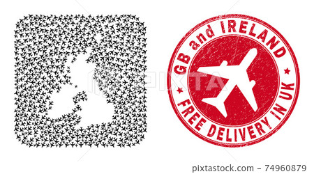 Free Delivery Rubber Stamp and Great Britain and Ireland Map Aeroplane Hole Mosaic Free Delivery Rubber Stamp and Great Britain and Ireland Map Aeroplane Hole Mosaic 74960879