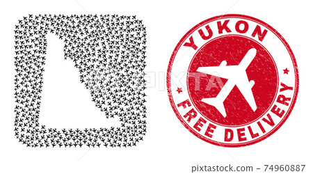 Free Delivery Scratched Stamp Seal and Yukon Province Map Airplane Inverted Mosaic Free Delivery Scratched Stamp Seal and Yukon Province Map Airplane Inverted Mosaic 74960887