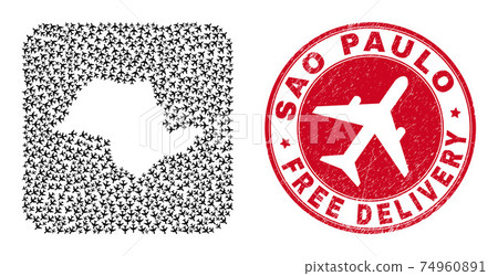 Free Delivery Watermark Seal and Sao Paulo State Map Aircraft Hole Mosaic 74960891
