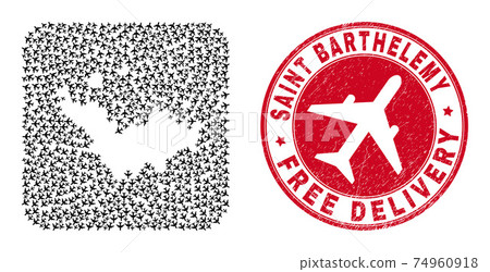 Free Delivery Watermark Seal and Saint Barthelemy Map Aeroplane Subtracted Mosaic 74960918
