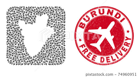 Free Delivery Scratched Stamp and Burundi Map Airplane Subtracted Mosaic 74960951