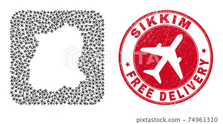 Free Delivery Scratched Seal and Sikkim State Map Aeroplane Stencil Mosaic Free Delivery Scratched Seal and Sikkim State Map Aeroplane Stencil Mosaic 74961310