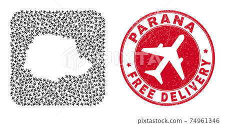 Free Delivery Scratched Stamp Seal and Parana State Map Aeroplane Stencil Mosaic Free Delivery Scratched Stamp Seal and Parana State Map Aeroplane Stencil Mosaic 74961346