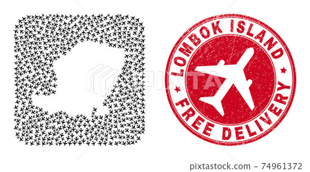 Free Delivery Grunge Stamp and Lombok Island Map Airliner Inverted Mosaic Free Delivery Grunge Stamp and Lombok Island Map Airliner Inverted Mosaic 74961372