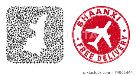 Free Delivery Grunge Badge and Shaanxi Province Map Aeroplane Stencil Mosaic 74961444