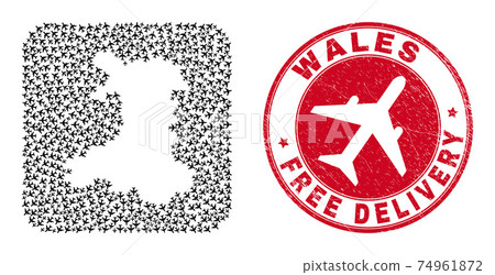 Free Delivery Grunge Stamp Seal and Wales Map Air Plane Stencil Mosaic Free Delivery Grunge Stamp Seal and Wales Map Air Plane Stencil Mosaic 74961872