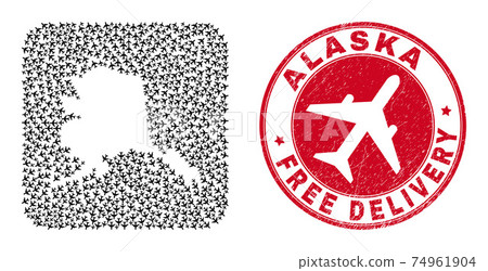 Free Delivery Grunge Badge and Alaska Map Aeroplane Inverted Mosaic Free Delivery Grunge Badge and Alaska Map Aeroplane Inverted Mosaic 74961904