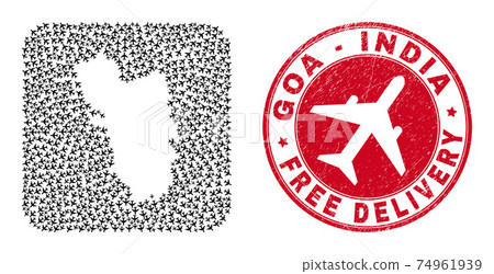 Free Delivery Grunge Badge and Goa State Map Airplane Subtracted Mosaic Free Delivery Grunge Badge and Goa State Map Airplane Subtracted Mosaic 74961939