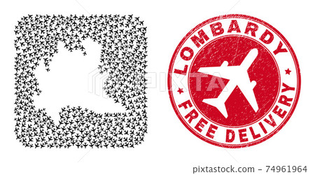 Free Delivery Watermark Stamp Seal and Lombardy Region Map Airplane Inverted Mosaic Free Delivery Watermark Stamp Seal and Lombardy Region Map Airplane Inverted Mosaic 74961964