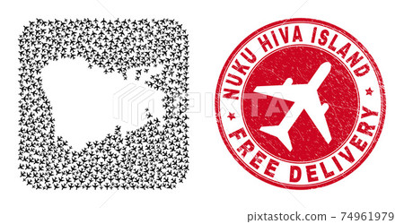 Free Delivery Watermark Stamp Seal and Nuku Hiva Island Map Airliner Stencil Mosaic 74961979