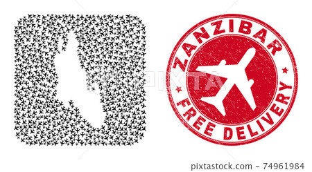 Free Delivery Rubber Stamp and Zanzibar Island Map Airplane Subtracted Mosaic 74961984
