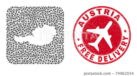 Free Delivery Scratched Stamp and Austria Map Airliner Stencil Mosaic Free Delivery Scratched Stamp and Austria Map Airliner Stencil Mosaic 74962034