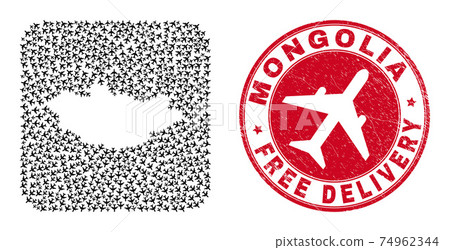 Free Delivery Grunge Badge and Mongolia Map Air Force Hole Mosaic 74962344