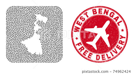 Free Delivery Scratched Badge and West Bengal State Map Airplane Inverted Mosaic 74962424