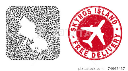 Free Delivery Grunge Stamp and Skyros Island Map Aeroplane Subtracted Mosaic 74962437
