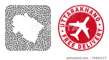 Free Delivery Watermark Stamp Seal and Uttarakhand State Map Airplane Inverted Mosaic Free Delivery Watermark Stamp Seal and Uttarakhand State Map Airplane Inverted Mosaic 74962517