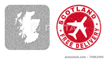 Free Delivery Grunge Stamp and Scotland Map Aeroplane Subtracted Mosaic 74962940