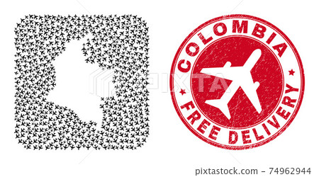 Free Delivery Scratched Badge and Colombia Map Airplane Subtracted Mosaic Free Delivery Scratched Badge and Colombia Map Airplane Subtracted Mosaic 74962944