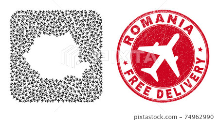 Free Delivery Grunge Stamp Seal and Romania Map Aeroplane Stencil Mosaic Free Delivery Grunge Stamp Seal and Romania Map Aeroplane Stencil Mosaic 74962990