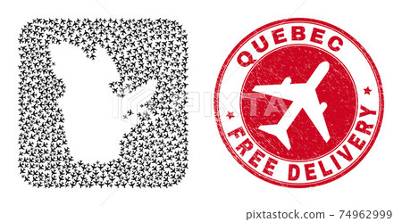 Free Delivery Grunge Badge and Quebec Province Map Airliner Stencil Mosaic 74962999