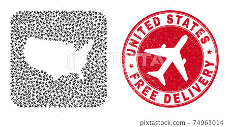 Free Delivery Scratched Stamp Seal and United States Map Airplane Stencil Mosaic Free Delivery Scratched Stamp Seal and United States Map Airplane Stencil Mosaic 74963014