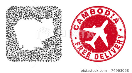 Free Delivery Watermark Seal and Cambodia Map Airplane Stencil Mosaic Free Delivery Watermark Seal and Cambodia Map Airplane Stencil Mosaic 74963068