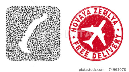 Free Delivery Grunge Stamp Seal and Novaya Zemlya Islands Map Jet Vehicle Inverted Mosaic 74963078