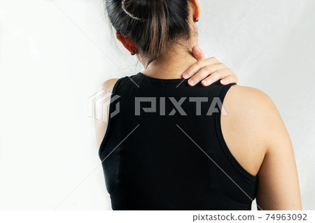 young women neck and shoulder pain injury, healthcare and medical concept 74963092
